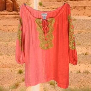 Eye Catching Coral/Pink Ombre Fade Boho Blouse Embroidered Metallic 100% Linen